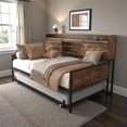 thumbnail image 3 of Tcbosik Twin Size Daybed with Trundle, Charging Station and LED Lights, Storage Headboard with Sliding Barn Door and Shelf, Sofa Bed for Living Room, Guest Room, Bedroom, Space Saving, Black+Brown, 3 of 7