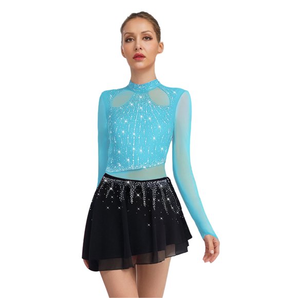 Raenseen Womens Lyrcial Dance Leotard Dress Rhinestone Long Sleeve Chiffon Skirt Figure Skating Light Blue XL