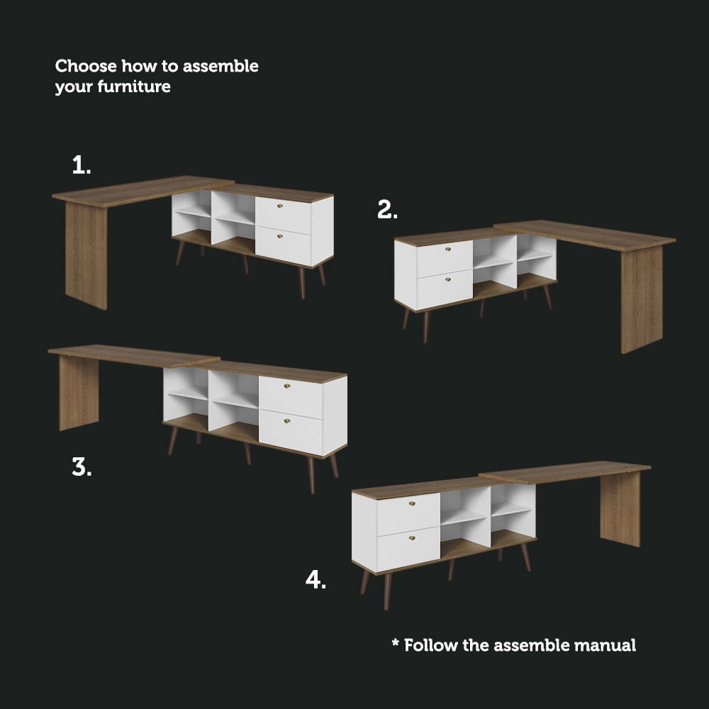 Madesa Modern L Shaped Desk 59 Inch with 2 Drawers and 4 Storage Shelves Home Office Corner Study Table Unit for Kids and Adults - White/Brown