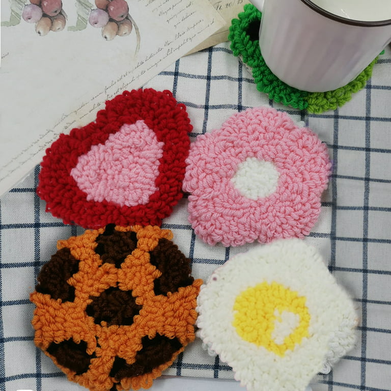 Punch Needle Coasters Kit 6 Pattern Embroidery Punch Needle Kits Adults Beginner Coasters Tufted Car Coasters DIY Rug Drink Coasters with Adhesive
