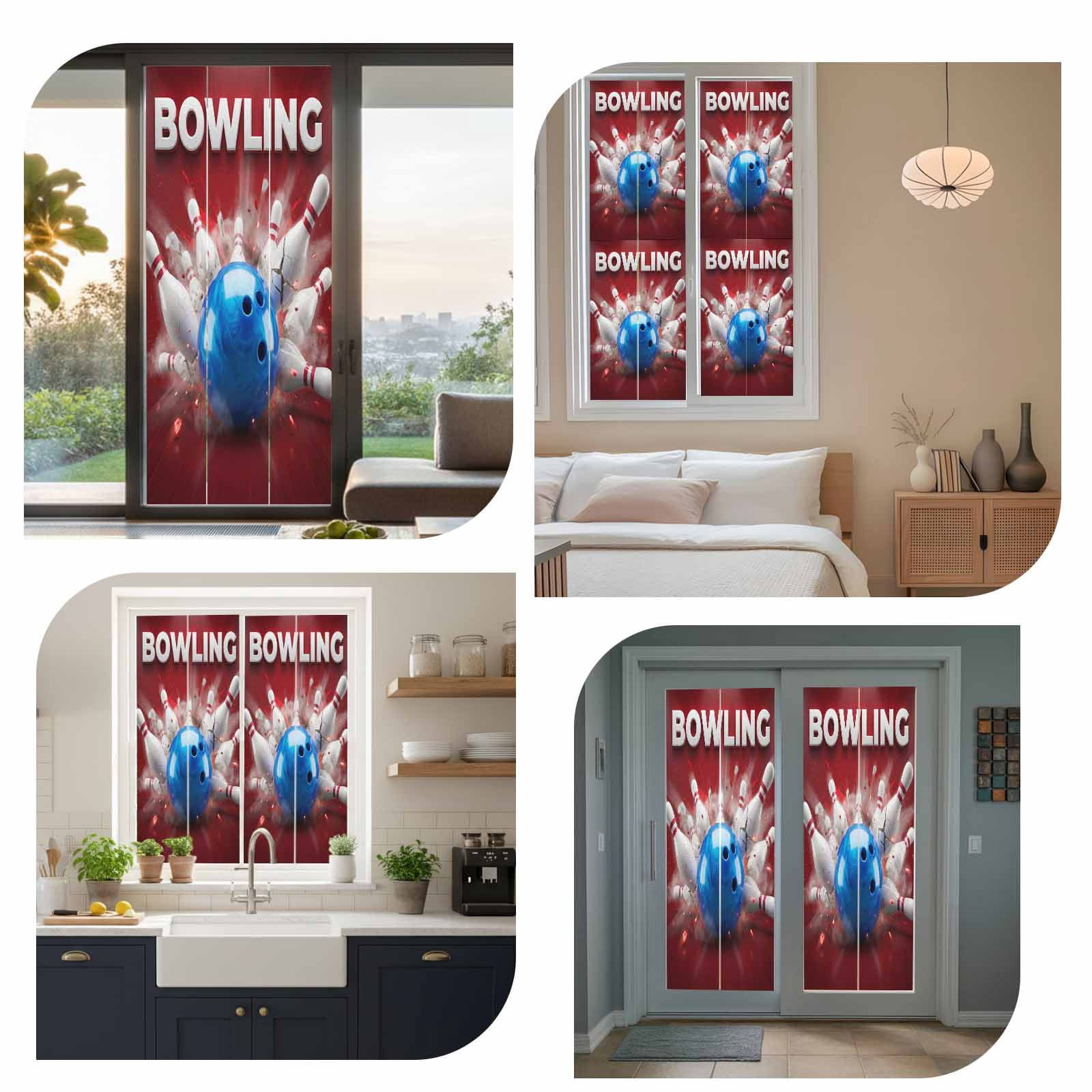 Bowling Window Privacy Film, Vintage Bowling Bottles Ball Red Background Frosted Glass Window Clings Static Cling UV Heat Blocking Reusable Door Sticker for Bathroom 29.5 x 118 Inch
