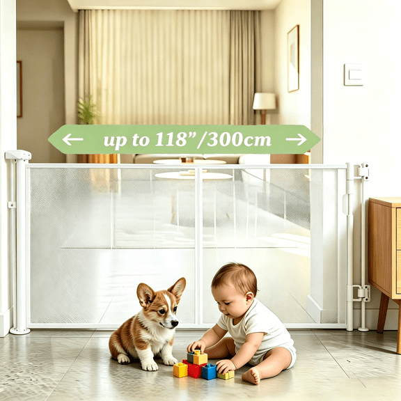 118" Retractable Dog Gates for Doorways and Stairs, 37.5'' Tall Mesh Safety Pet Gate for Outdoor, Indoor, Hallways, Doorways, Porch