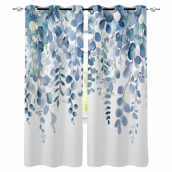 Eucalyptus Blue Blackout Curtains 72 Inches Long for Bedroom, Farmhouse Leaves Summer Spring Thermal Insulated Room Darkening Black Out Window Curtain Panels Grommet Drapes for Living Room