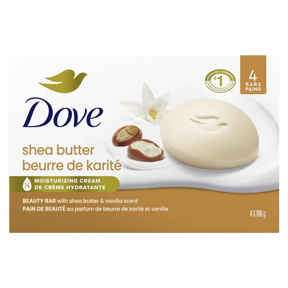Dove Beauty Bar Soap for Nourished, Radiant Skin, Shea Butter Enriches Skin (4 Bars)