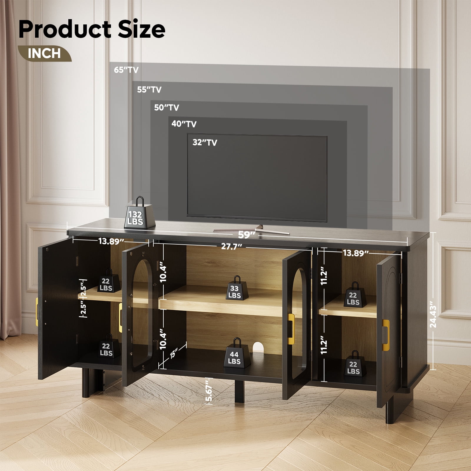 Bestier Mid-Century Modern TV Stand for 65 inch TVs, 4-Door TV Cabinet,TV Console Table with Glass Doors,TV Stand with Storage for Living Room/Dinning Room/Entrance Way/Coffee Bar,Black