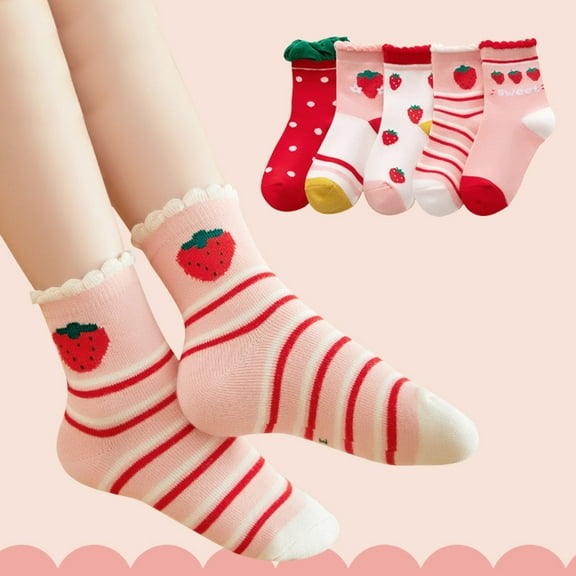 Girls' Strawberry Ruffle Ankle Socks - 5-Pack Breathable Mesh Socks for Toddlers & Kids - All-Season Daily Wear