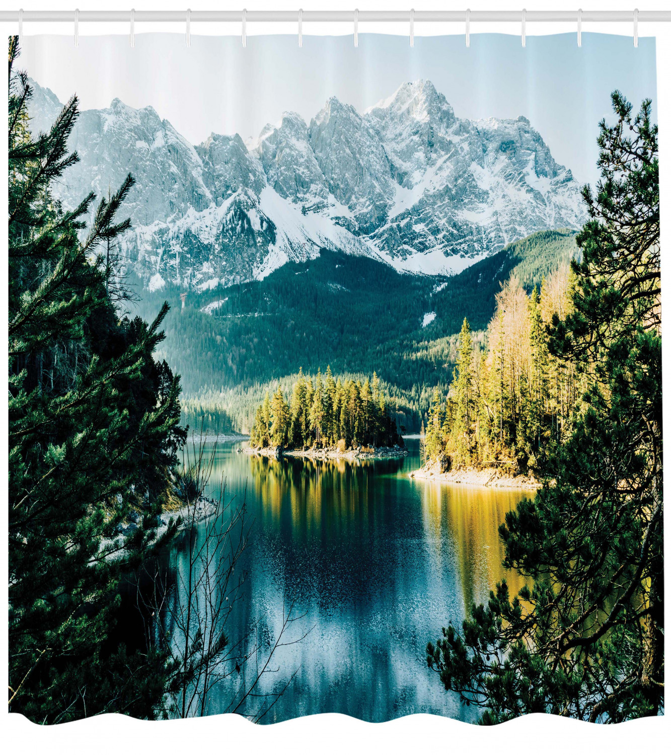 Tropical Jungle Mountain River Valley Scene Waterproof Fabric Shower Curtain Set