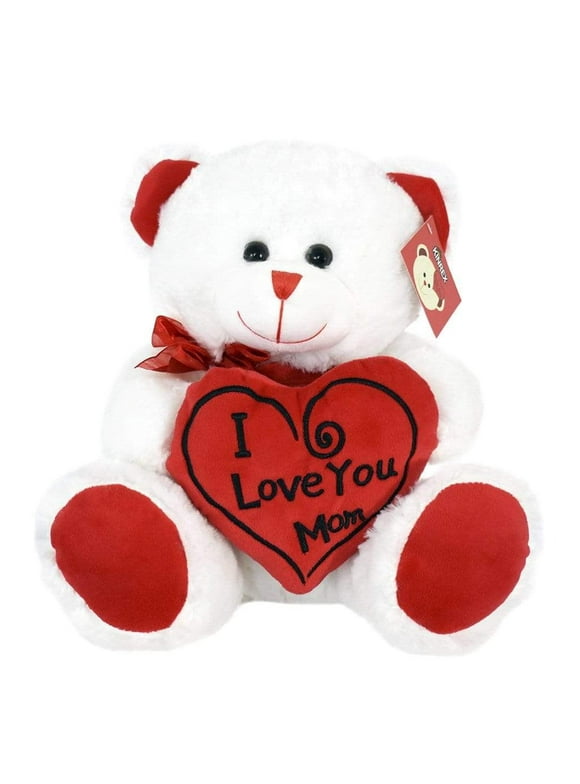 KINREX Soft Stuffed Teddy Bear - Happy Mother's Day Bear for Mom - I Love You Mom Bear - White with Red Message & Heart Pillo