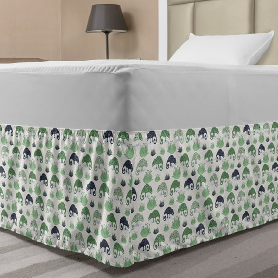 Chameleon Bed Skirt, Exotic Camouflage Lizards Doodle Zoo Creatures Childish Pastel Colors, Elastic Bedskirt Dust Ruffle Wrap Around for Bedding Decor, 4 Sizes, Fern Green and Ivory, by Ambesonne