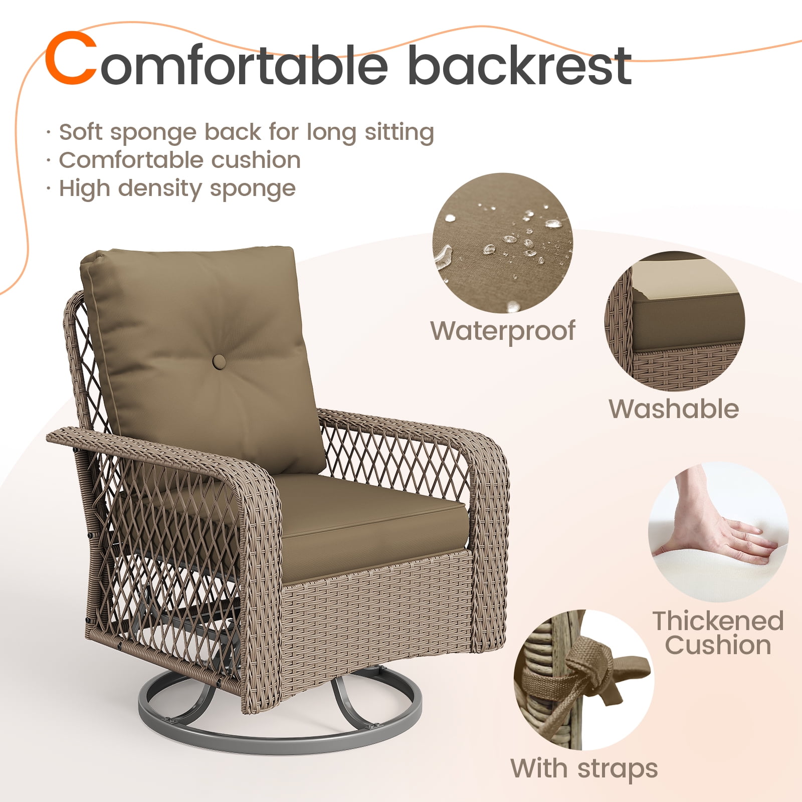 MRUAKA 3 Pieces Patio Furniture Set, Outdoor Swivel Gliders Rocker, Wicker Patio Bistro Set w Rattan Rocking Chair, Glass Top Side Table Thickened Cushions for Porch Deck Backyard (Khaki)