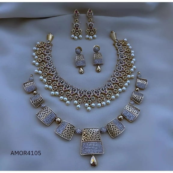 Indian Bollywood Gold Plated AD Choker Bridal Necklace & Earrings Jewelry Combo Set of 2 - Cubic Zirconia White Pearl Ruby Bridal Set & Rose Gold Plated Slim Choker with Diamond Stones