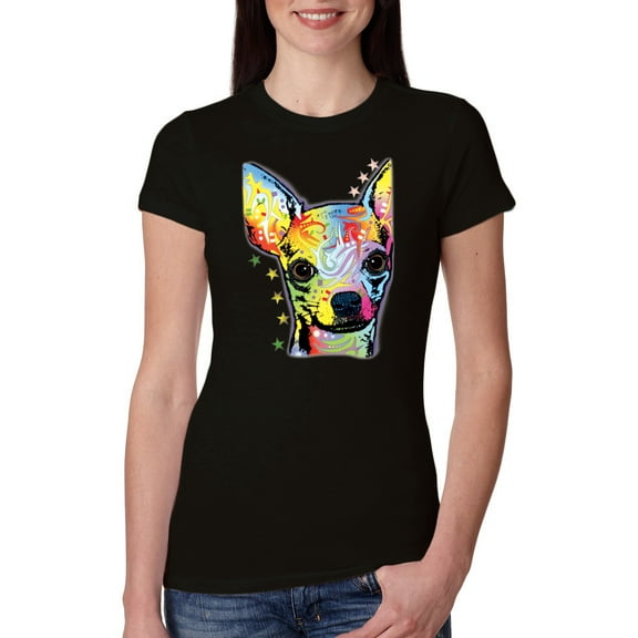 Wild Bobby Dean Russo Colorful Chihuahua Dog Lover Women Slim Fit Junior Tee, Black, Small