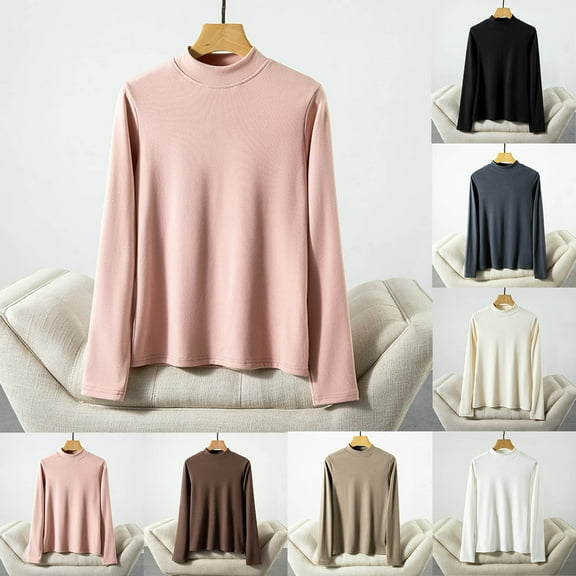 STETMN Women's Mock Neck Top Casual Long Sleeve Solid Tee Fall Fleece Loose Laying Basic T-Shirt