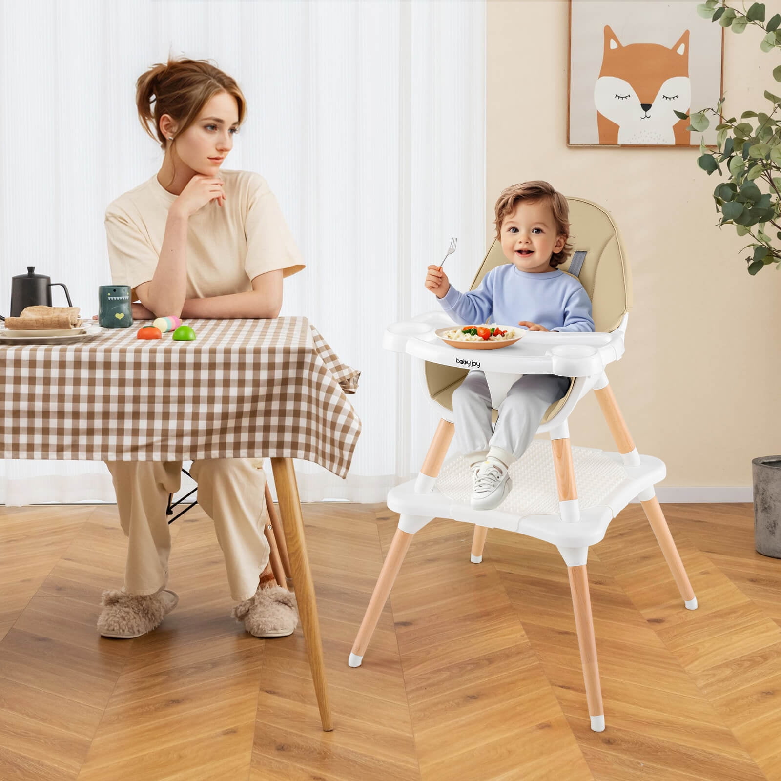 Costway 6-in-1 High Chair for Babies & Toddlers with Building Block Table Beige