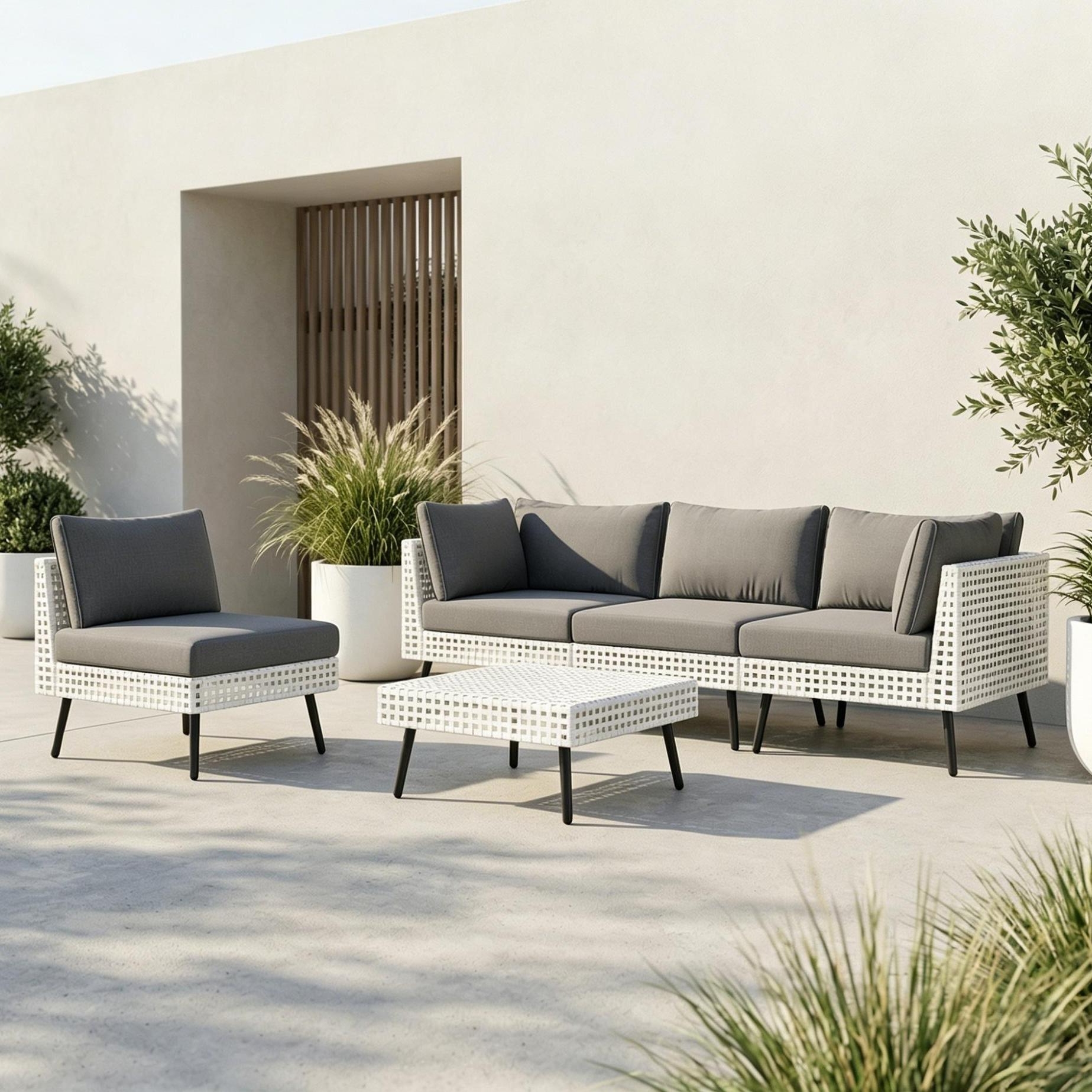 LAZZO 5-Piece Patio Conversation Set, All-Weather Wicker Outdoor Furniture Set with 4 Chairs and 1 Ottoman, Gray