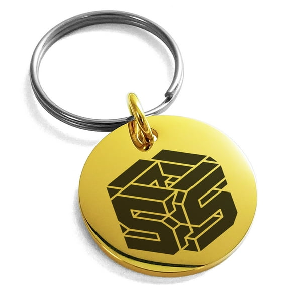 Stainless Steel Letter S Initial 3D Cube Box Monogram Engraved Small Medallion Circle Charm Keychain Keyring