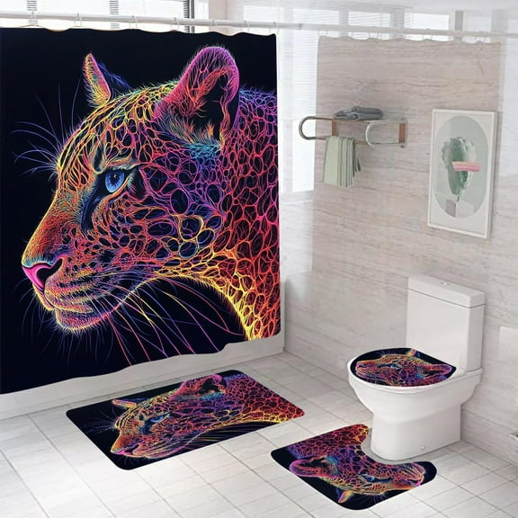 Abstract Art Tiger Shower Curtain Sets with Non-Slip Rugs,Toilet Lid Cover and Bath Mat,Colorful Tiger Home 4PCS Bathroom Decor Set with Accessories Animal Shower Curtains with Hooks