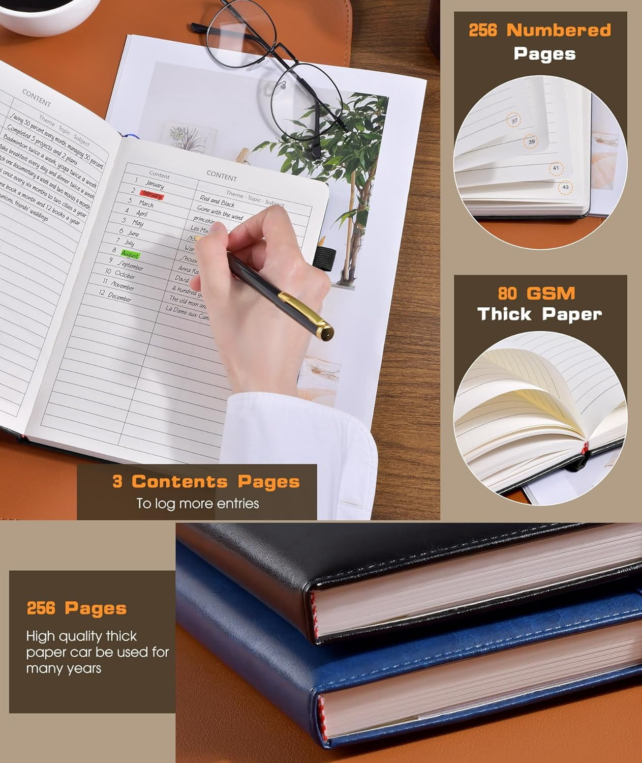 Lined Journal Notebook for Women Men, 256 Numbered Pages Hardcover Leather Journals for Writing, A5 Journaling Notebooks, College Ruled Journal for Business Work School Note Taking 5.75" x 8.38"