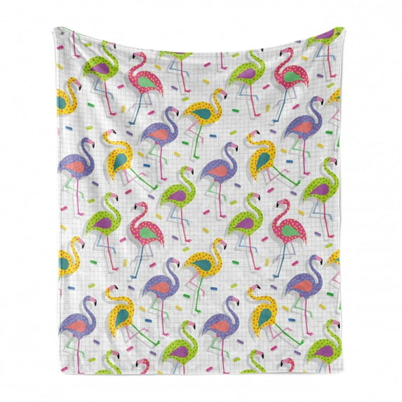 Flamingo Soft Flannel Fleece Throw Blanket, Colorful Retro Vintage Flamingo Patterns in Polka Dot Design Checked Background, Cozy Plush for Indoor and Outdoor Use, 50" x 70", Multicolor, by Ambesonne