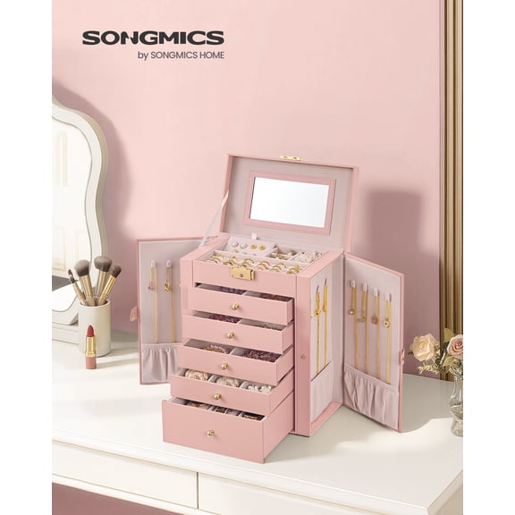 6-Layer Jewelry Box Organizer with Mirror and Lock, 5 Drawers & Necklace Hooks, Large Storage Case for Watches Earrings Rings, Jelly Pink
