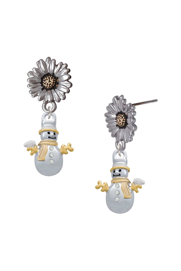 Two-tone Snowman with Crystal Buttons - Two-tone Daisy Flower Post Earrings