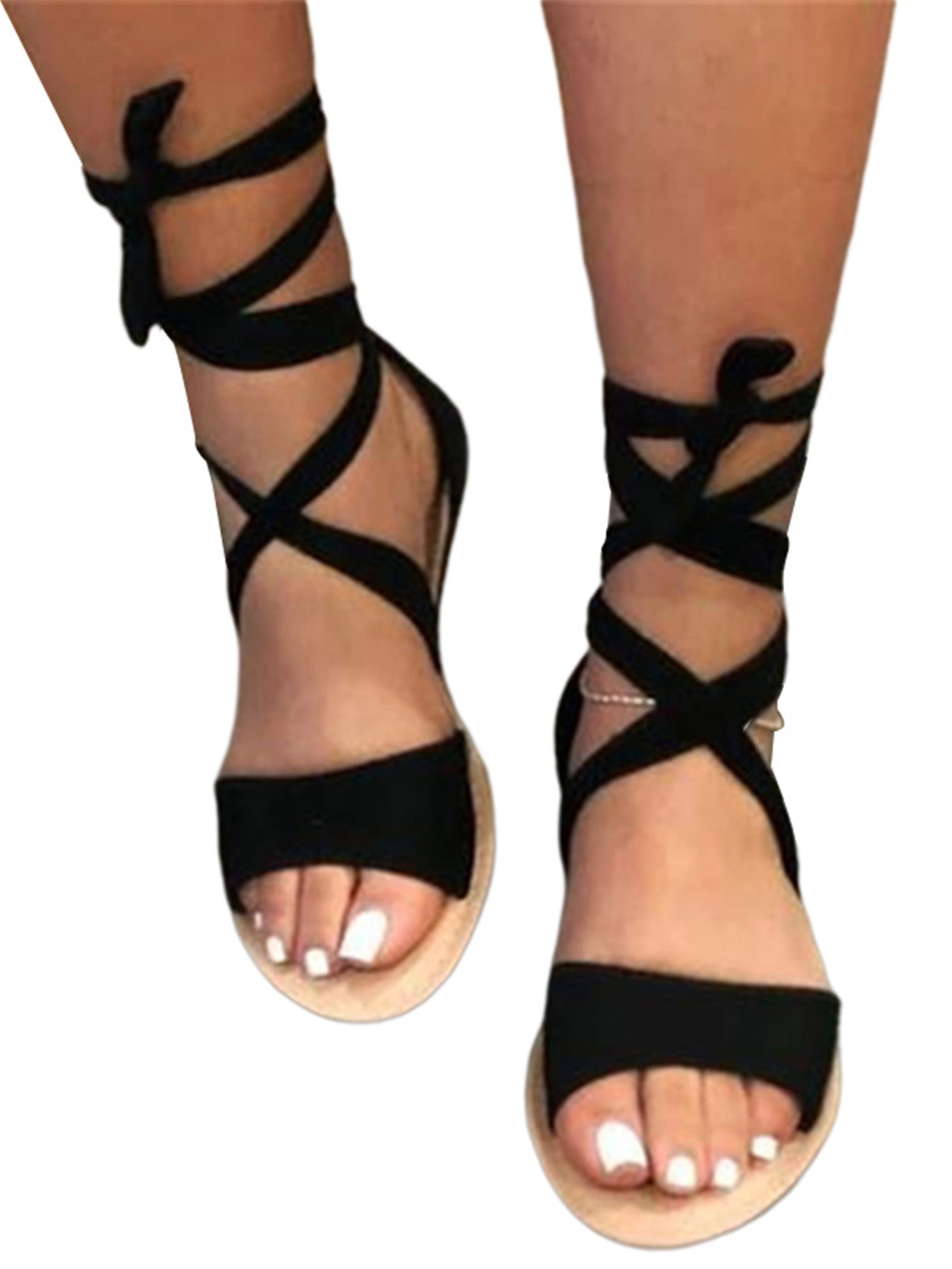 Women Open Toe Lace Up Flat Sandals Gladiator Rhinestone Ankle Strap Beach Shoes