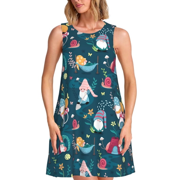 Easygdp Garden Gnomes In Flower para Vestido Transpirable de Mujer, Vestido Suelto de Manga Corta con Pliegues y Bolsillos para el Verano