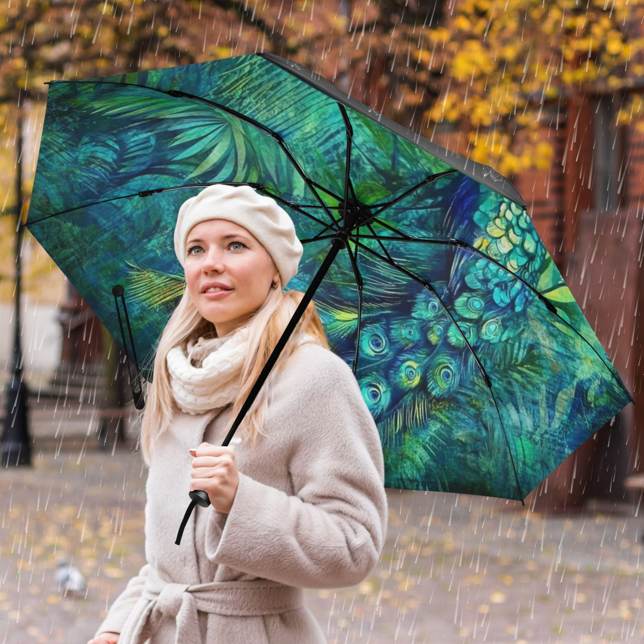 Elegant Peacock in Green Extra Large Automatic Umbrella, UV Protection, Waterproof, Auto Open and Close