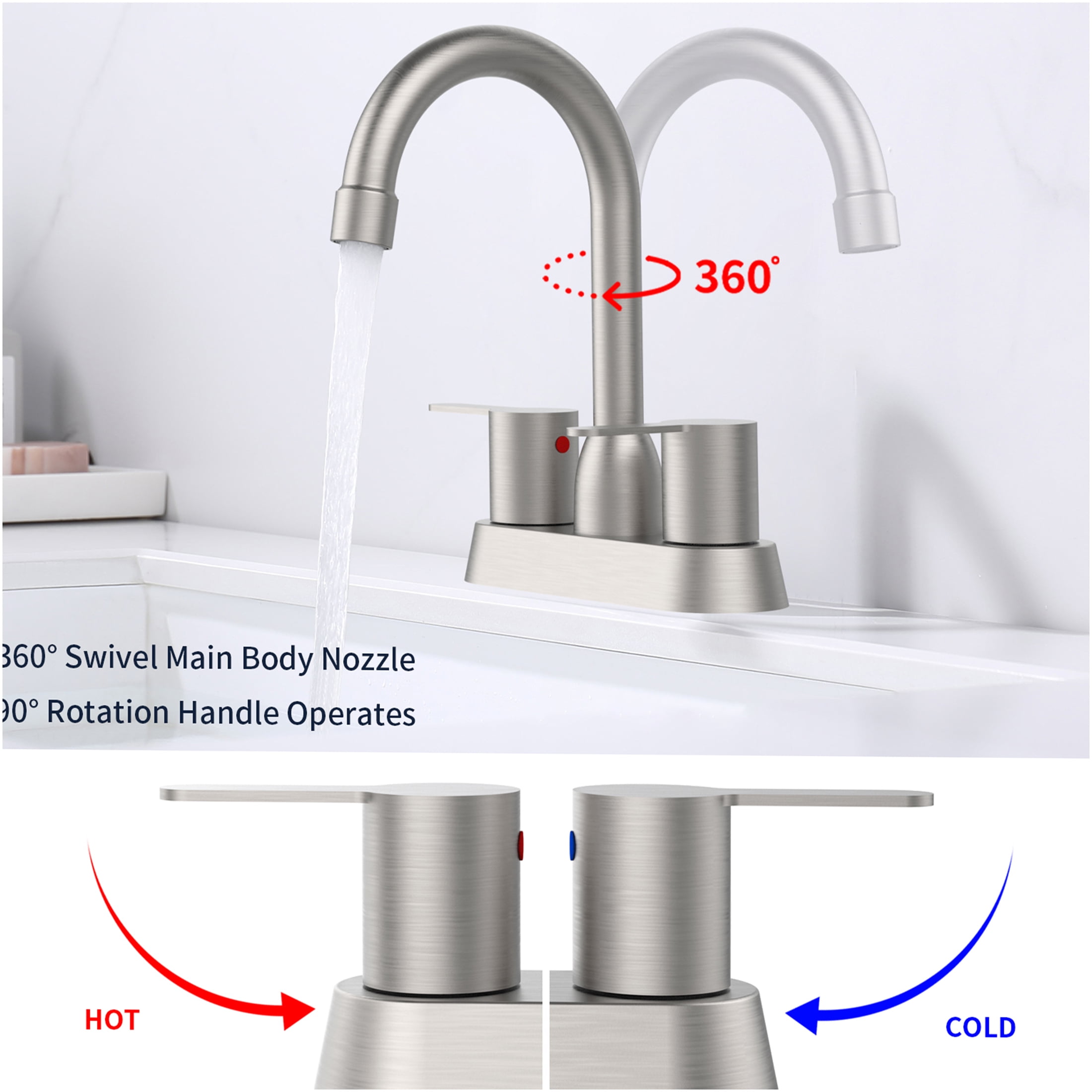 JERFIT Modern Brushed Nickel Centerset Bathroom Sink Faucet, 2-Handle 3-Hole Deck Mount RV Lavatory Faucet with Pop-Up Drain Assembly