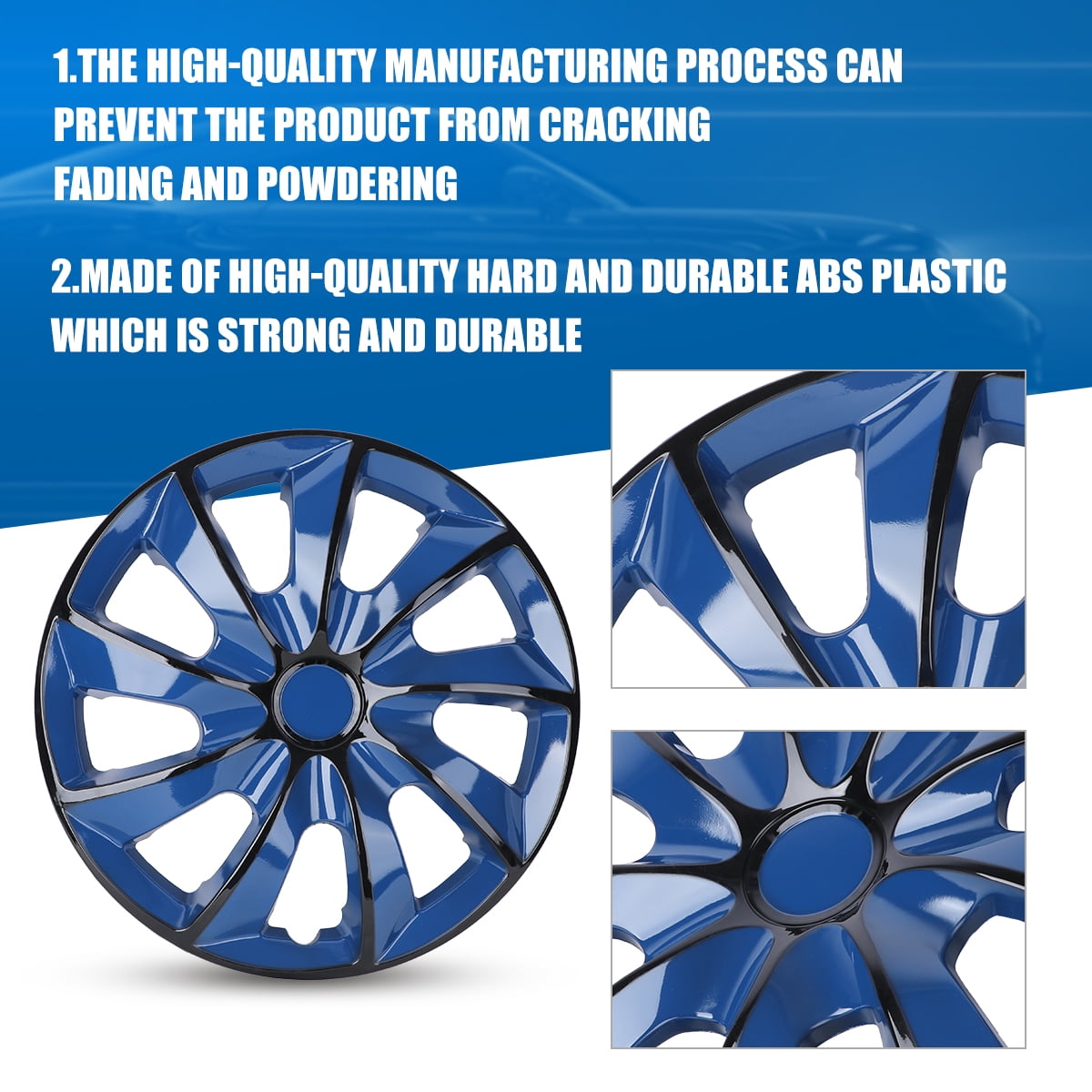 15" Premium Universal Wheel Rim Covers – Set of 4 Hubcaps,ABS&PC Material Hub Protection Accessory,Snap-on Replacement Caps for Car,Pickup Truck,SUV - 15 Inch Black&Blue Lacquer