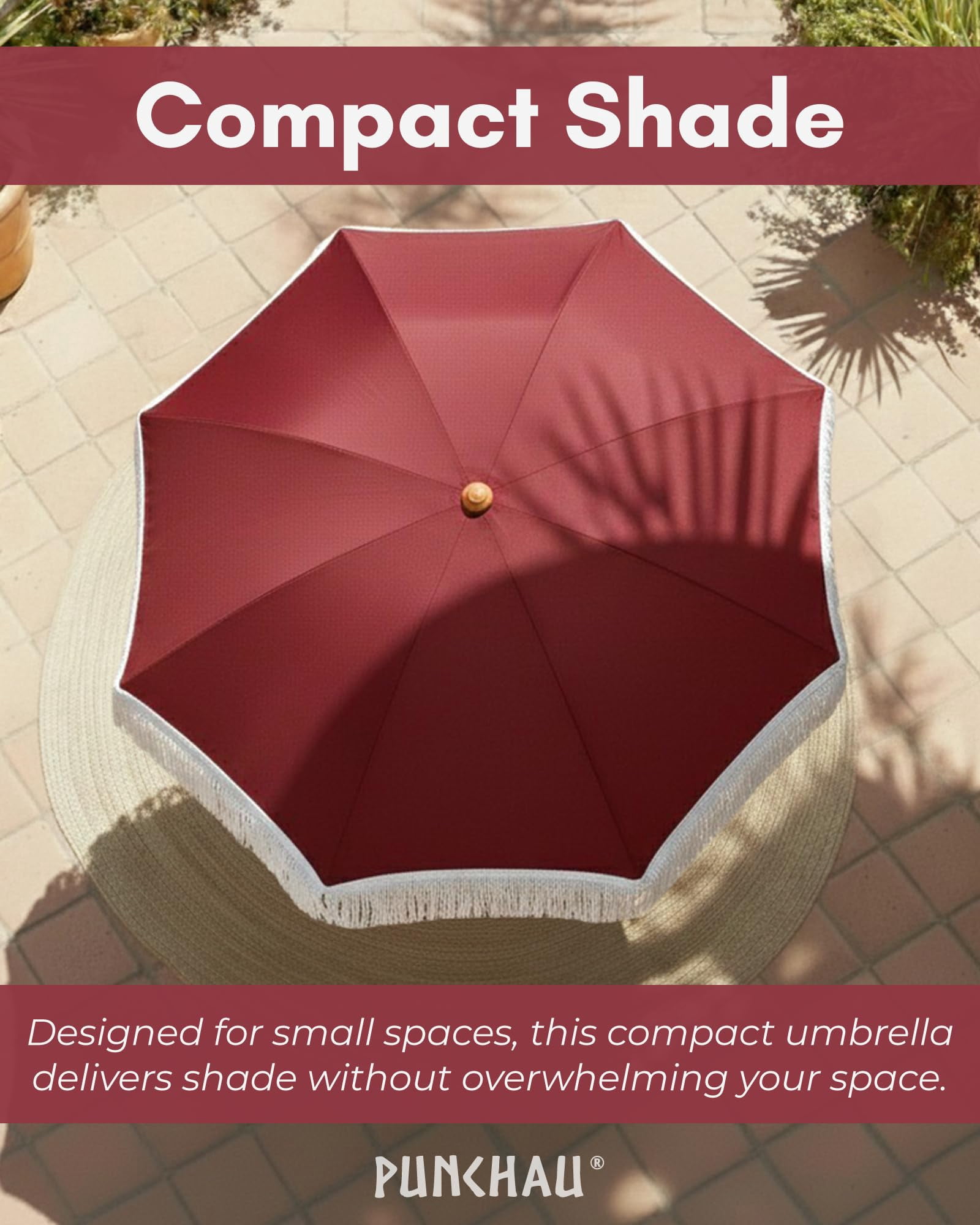 Punchau 6 Ft Fringe Patio Umbrella - Outdoor Umbrella for Patio, Pool, Table, Garden, Deck, & Beach - Push Button Tilt Pole - Fashionable Boho Vintage Tassels & Wood Print - Wine Red