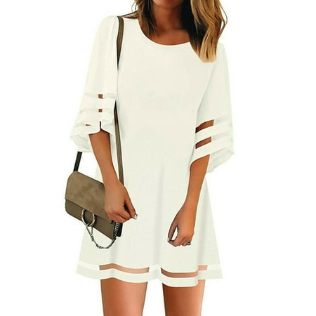 Chiffon Tunic Dress - Womens 3/4 Bell Sleeve Crewneck Mesh Panel Flare Dress Casual Loose Chiffon Swing Dress Summer Holiday Loose Tunics Tops