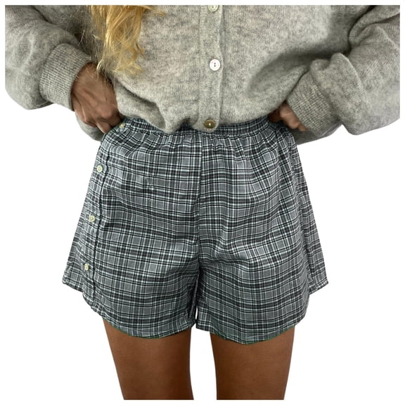DHFJKG Women's Shorts Summer Casual Beach Bottoms High Waisted Plaid Side Button Elastic Waist Loose Fit Loungewear Shorts Stylish Trousers