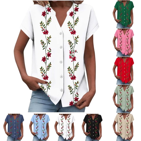 Nmnitkp Women's Tops, Tees & Blouses Floral Print V-Neck Button Front Rolled Short Sleeve Blouse, Casual Loose Fit Summer Tops for Daily Wear White,S