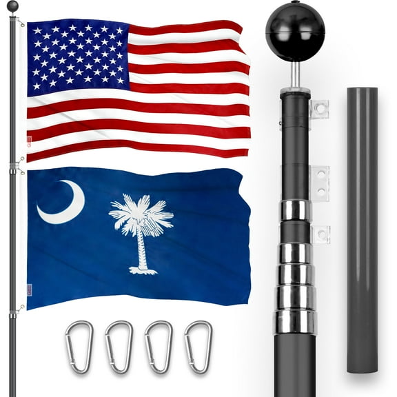 G128 Combo Pack: 20 Ft Telescoping Aluminum Flagpole (Black) & American and South Carolina Flags 3x5 Ft, Both ToughWeave Series Embroidered Polyester | Pole with Flags Included
