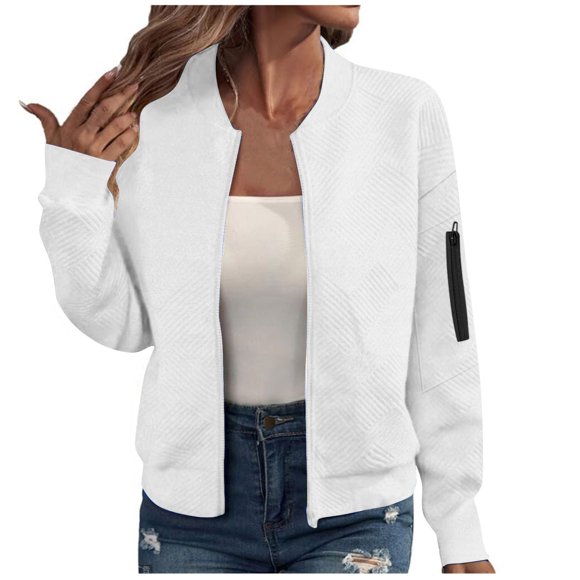 NTACZA Bomber Womens Coats White Full-Zip Barn Jacket Lightweight Fashion Solid Long Sleeve Outerwear Jacket for Women S
