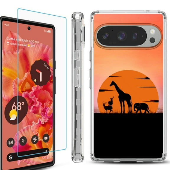 For Google Pixel 9 / 9 Pro Phone Case Cover, Shockproof Bumper Case with Tempered Glass Screen Protector, by OneToughShield - Sunset Safari