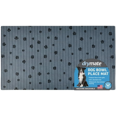 Drymate Pet Bowl Placemat, Dog & Cat Food Feeding Mat - Absorbent Fabric, Waterproof Backing, Slip-Resistant - Machine Washable/Durable (16” x 28”) (Grey Stripe Black Paw)