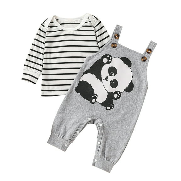 Gerichy Toddler Baby Boy Clothes Fall Winter Outfit, Baby Girls Boys Long Sleeve Striped T Shirt Tops Overalls Suspender Pants Panda Romper 2PCS Outfits Clothes Set