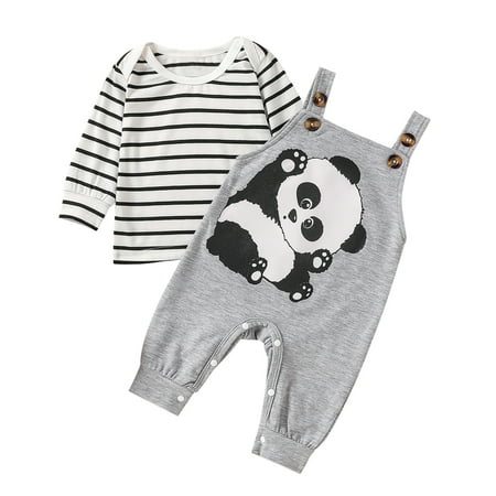 

Youmylove Children Cartoon Cute Outfits Baby Newborn Infant Girls Boys Long Sleeve Striped T-Shirt Tops Overalls Suspender Pants Panda Romper 2Pcs Outfits Clothes Set