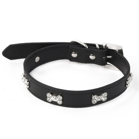 Black Dog Collar Rhinestone - Metal Buckle PU Artificial Rhinestone Bone Decor Dog Collar Black Size L