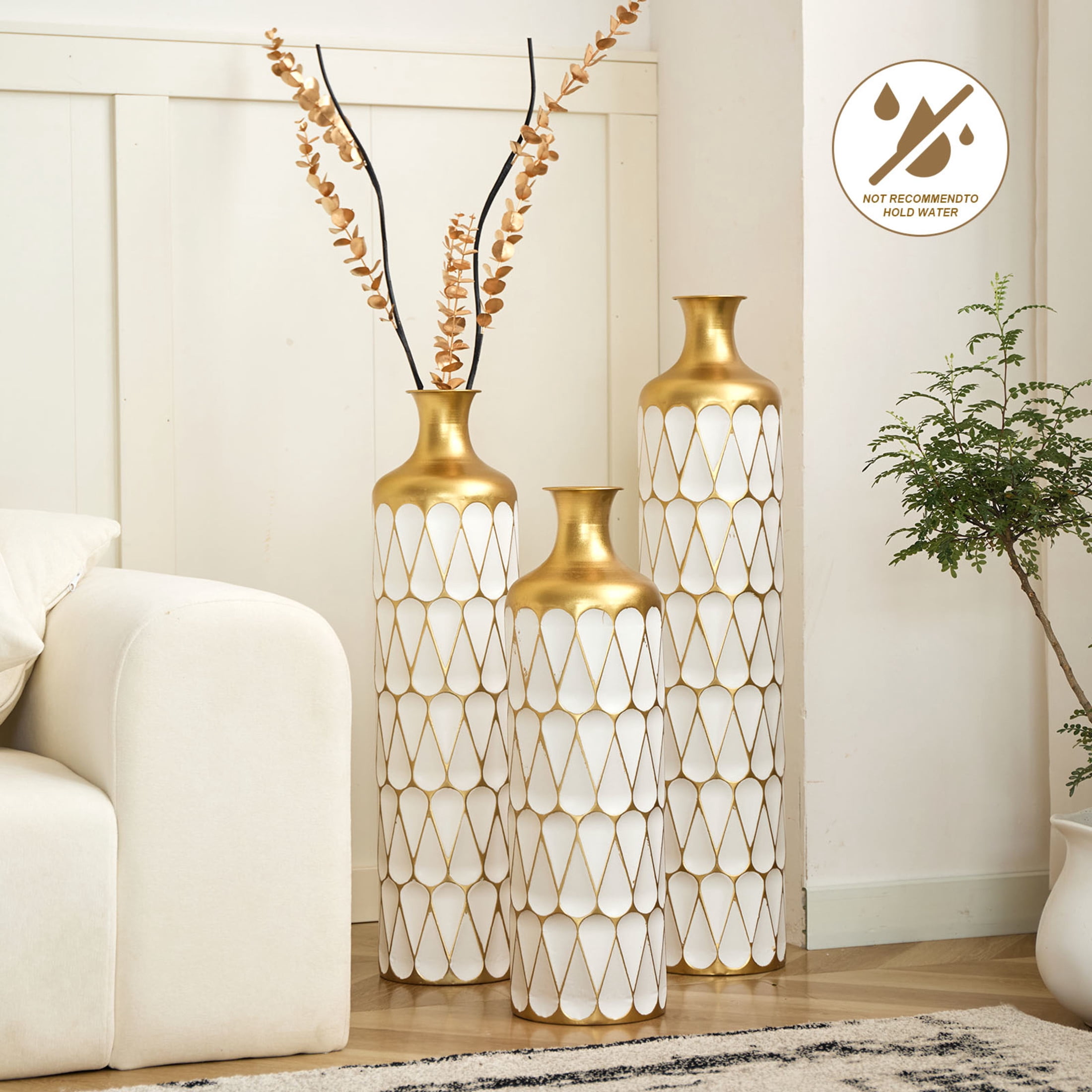 Noble House 22.83", 27.17", 31.5" Metal Floor Vase Set of 3, Geometric Textured Vases, Gold+White