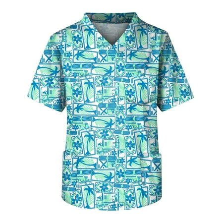 

Mlqidk Scrub Tops Men Beach Elements Pattern Summer Beach Elements Print Short Sleeve Medical Scrub Shirts with Pocket Stretchy V Neck Holiday Workwear Dark Blue XXXXL