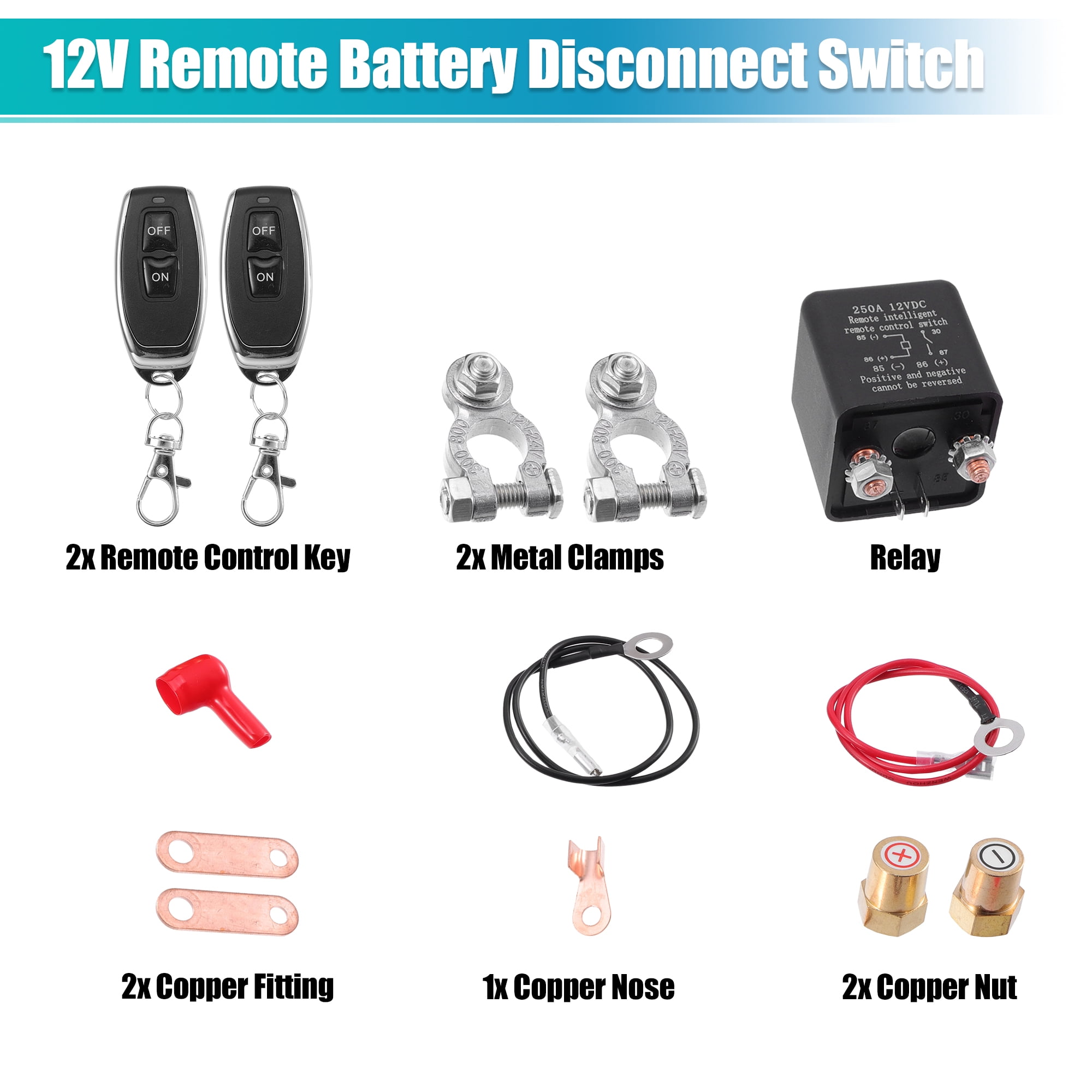 Unique Bargains 1 Set 12V 250A Car Battery Disconnect Switch Remote Kill Switch w/ Relay Keys for Car RV Truck