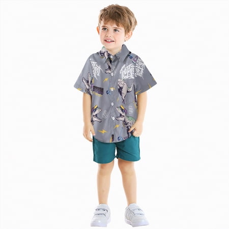 Kogui Hawaiian Shirt Boys Kids Hawaiian Shirt Baby Boys Short Sleeve Button Down Tropical Shirts Summer Beach Vacation Lapel Collar Tops 12 18 Months (Grey 12-18 Months)
