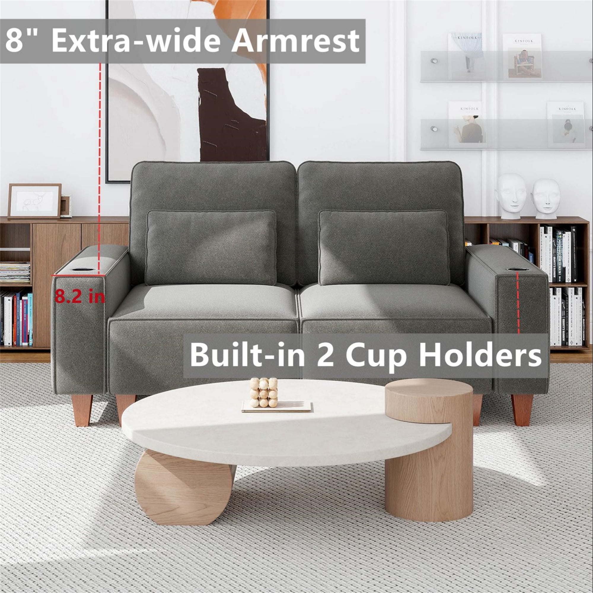 Aukfa 3 Piece Sofa Set - 71" Deep Seat Couch Loveseat Couch with Cup Holders&Pillows, Chenille, Gray