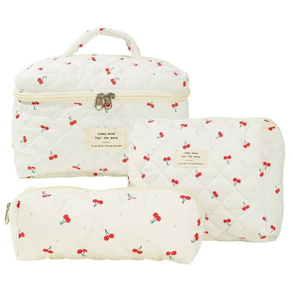 Yucurem Women Quilted Makeup Bag Aesthetic Cosmetic Bag Cherry Pattern Cute Toiletry Bag