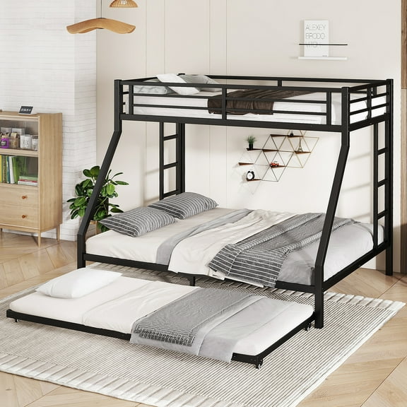 Leumius Twin XL Over Queen Bunk Bed with Twin Size Trundle, Metal Bunk Bed for Kids and Teens, Black