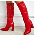 thumbnail image 4 of Womens Knee Length Tall Boots Leather Pointed Toe Chunky Block High Heels Mid Calf Dress Boots Red, 4 of 8