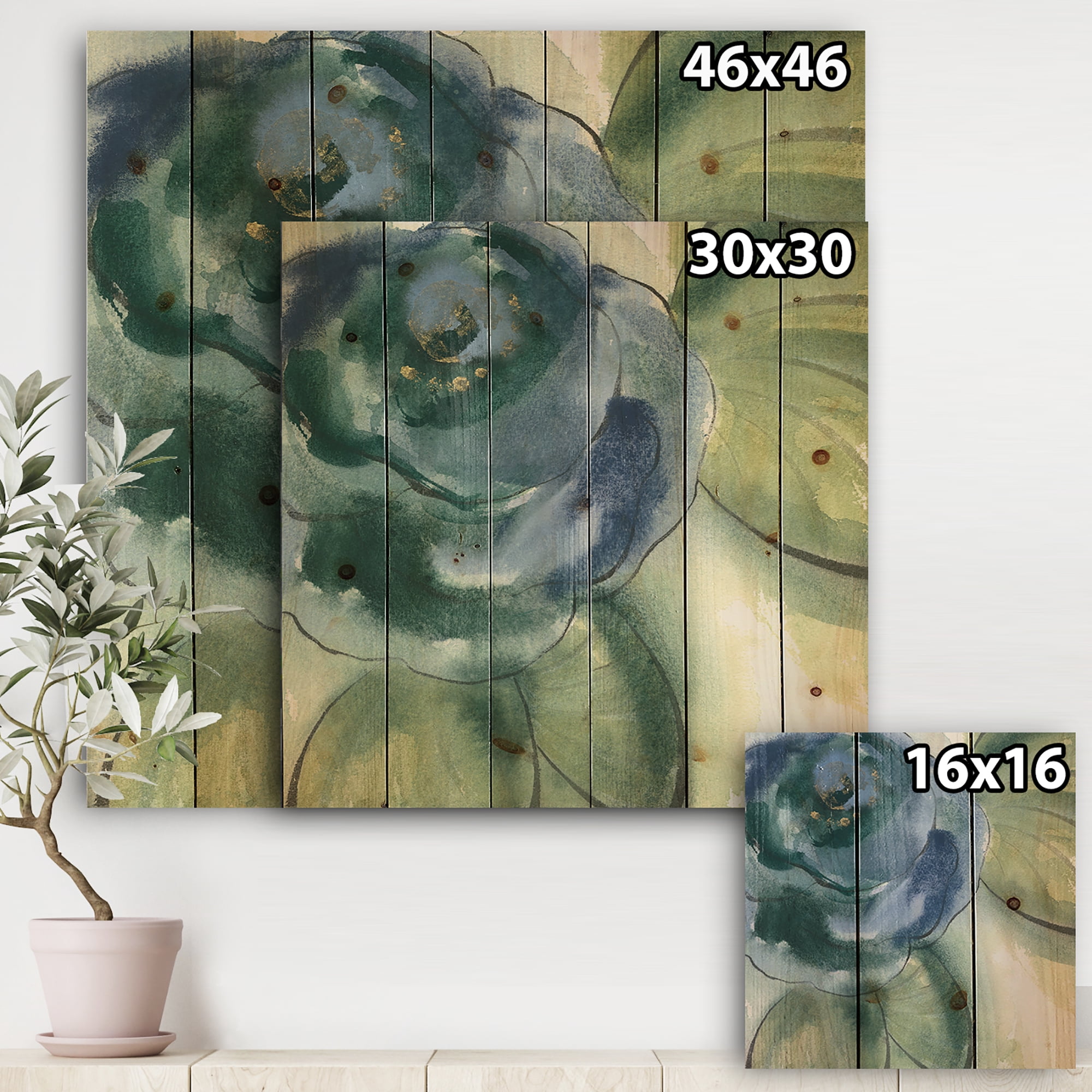 Designart 'Blue Floral Poppies II' Cottage Print on Natural Pine Wood
